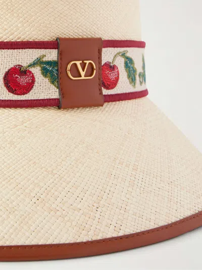 Valentino Garavani Cherryfic Straw Bucket Hat With Leather Trim And Cherryfic Ribbon Woman Natural/s In Brown