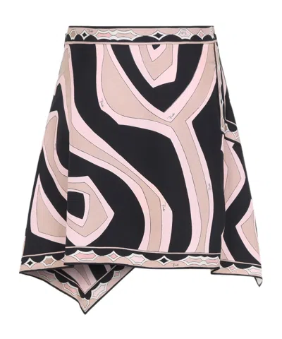 Pucci Wrap-effect Printed Silk-twill Mini Skirt In Black