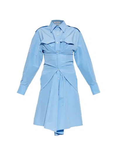 Alexander Mcqueen Mcqueen Long Sleeve Gathered Cotton Blend Shirtdress In Blue