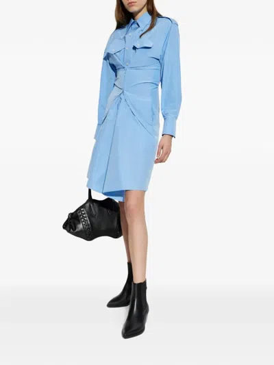 Alexander Mcqueen Mcqueen Long Sleeve Gathered Cotton Blend Shirtdress In Blue