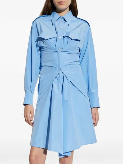 Alexander Mcqueen Mcqueen Long Sleeve Gathered Cotton Blend Shirtdress In Blue