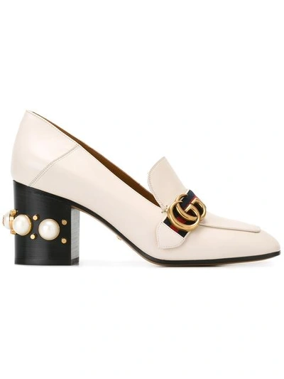 Gucci Logo And Faux Pearl-embellished Leather Collapsible-heel Pumps In White