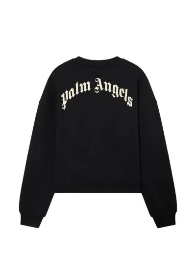 Palm Angels Neutrals Crop Crewneck Arched Logo Sweatshirt In Black