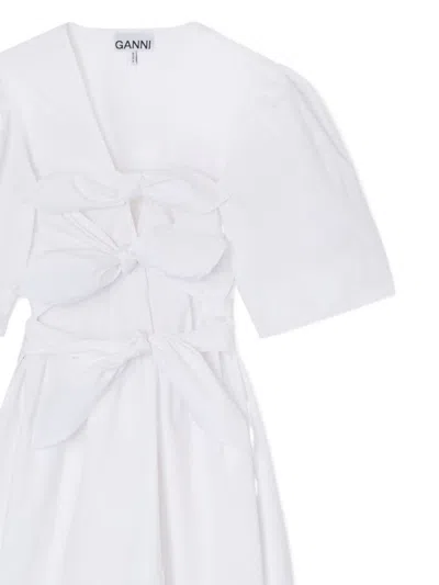 Ganni White Cotton Poplin Mini Dress With Bows In Neutral