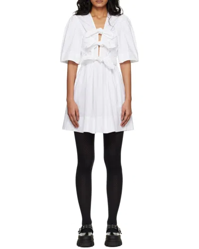 Ganni White Cotton Poplin Mini Dress With Bows In Neutral