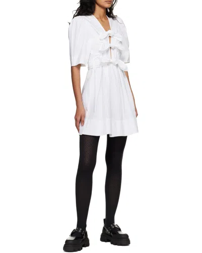 Ganni White Cotton Poplin Mini Dress With Bows In Neutral