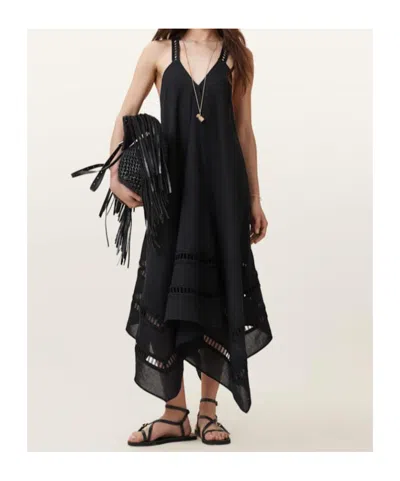 Allsaints Womens Lil Embroidered-trim Asymmetric-hem Cotton Maxi Dress Black In Black
