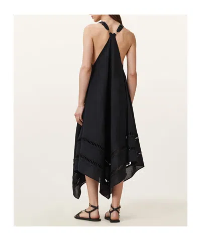 Allsaints Womens Lil Embroidered-trim Asymmetric-hem Cotton Maxi Dress Black In Black