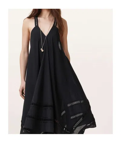 Allsaints Womens Lil Embroidered-trim Asymmetric-hem Cotton Maxi Dress Black In Black