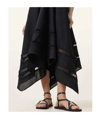 Allsaints Womens Lil Embroidered-trim Asymmetric-hem Cotton Maxi Dress Black In Black