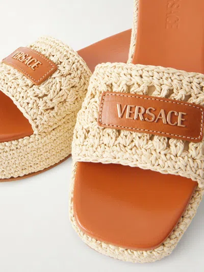 Versace Logo-embellished Raffia Platform Slides In Neutral