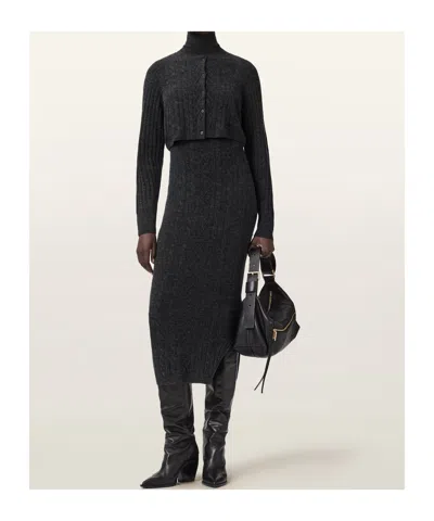 Allsaints Womens Charcoal Grey Sabine High-neck Stretch-knit Midi Dress In Black