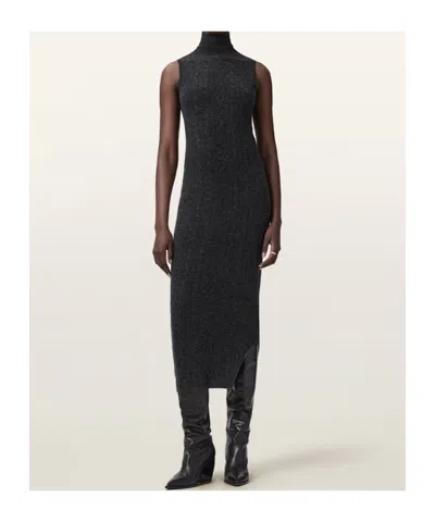 Allsaints Womens Charcoal Grey Sabine High-neck Stretch-knit Midi Dress In Black