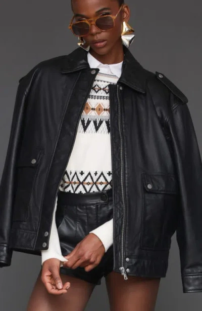 Avec Les Filles Pieced Back Leather Bomber Jacket In Black