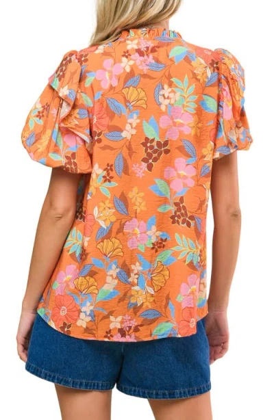Flying Tomato Printed Split Neck Top In Brown