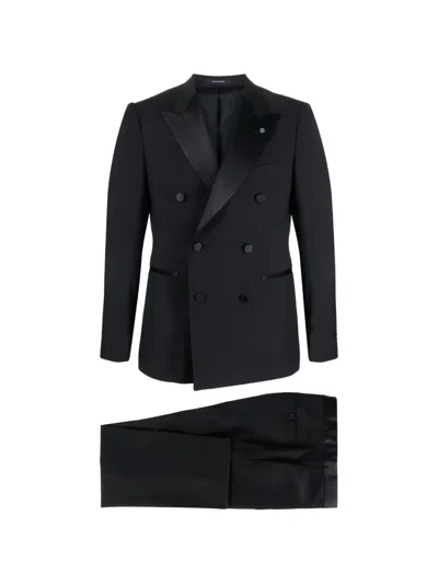 Tagliatore Double Breasted Wool Suit With Silk Inserts In Blue