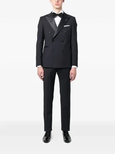 Tagliatore Double Breasted Wool Suit With Silk Inserts In Blue