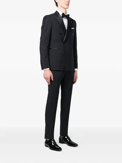 Tagliatore Double Breasted Wool Suit With Silk Inserts In Blue