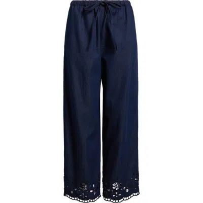 Madewell Denim Embroidered-hem Pull-on Pants In Blue