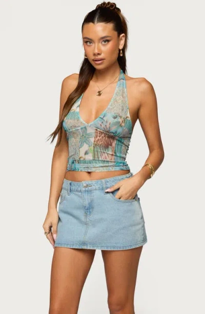 Edikted Catie Patchwork Mesh Halter Top In Blue