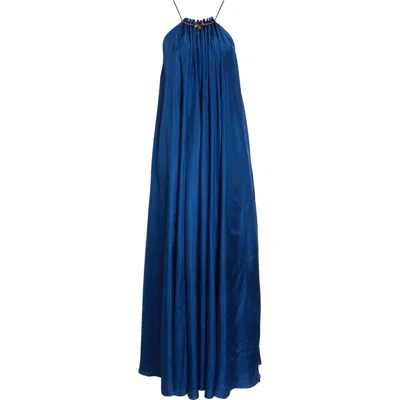 Zimmermann Aster Gathered Beaded Silk-satin Maxi Dress In Blue