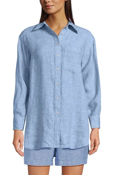 Lands' End Linen Oversized Button Front Shirt In Blue