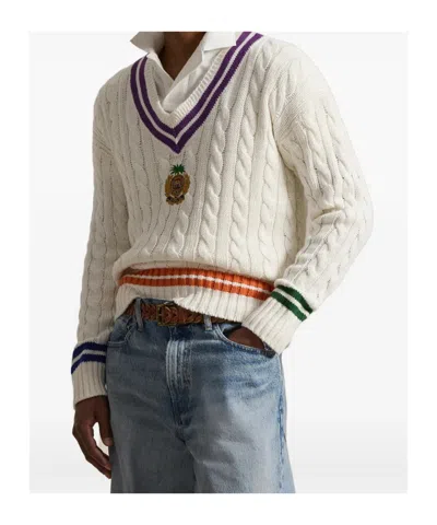 Polo Ralph Lauren Mens Cream Combo Crest-embroidered Cable-knit Cotton And Linen Jumper Xl In White