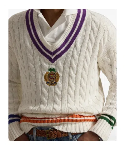 Polo Ralph Lauren Mens Cream Combo Crest-embroidered Cable-knit Cotton And Linen Jumper Xl In White