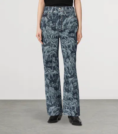 Allsaints Womens Printed Indigo Blake Horse-print Wide-leg Mid-rise Jeans In Blue