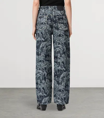 Allsaints Womens Printed Indigo Blake Horse-print Wide-leg Mid-rise Jeans In Blue