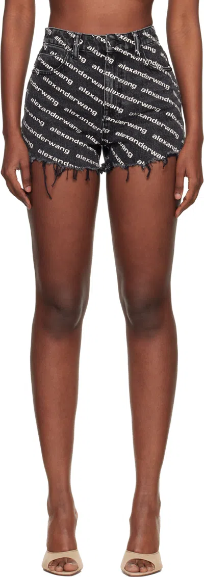 Alexander Wang Omens Grey Aged White Logo-print Bite Denim Shorts In Black