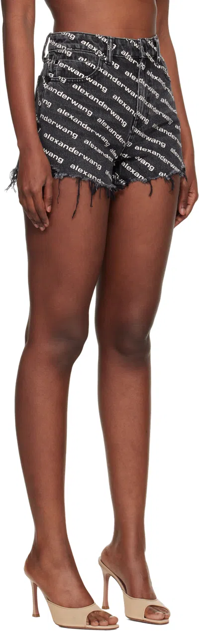 Alexander Wang Omens Grey Aged White Logo-print Bite Denim Shorts In Black