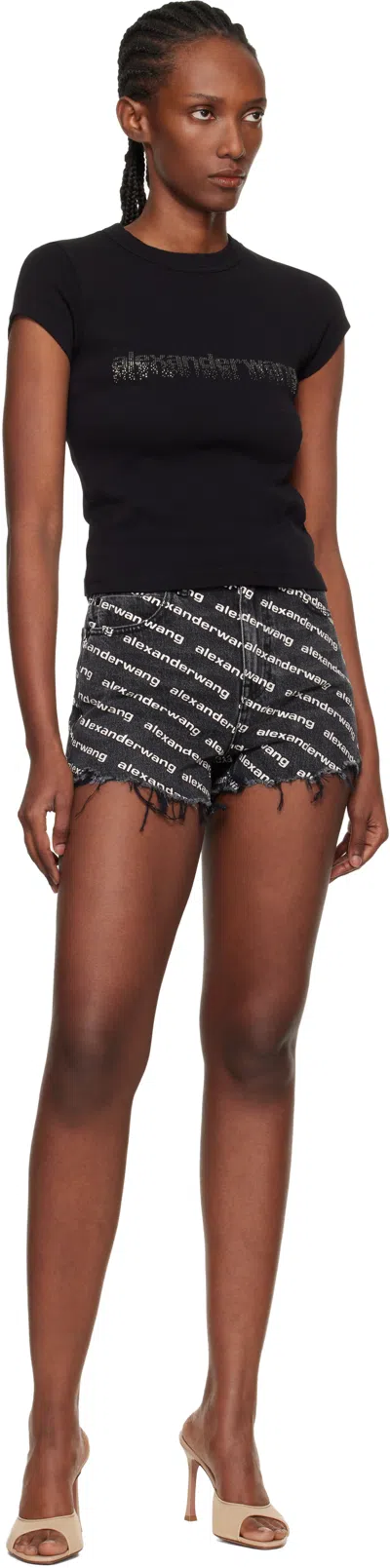 Alexander Wang Omens Grey Aged White Logo-print Bite Denim Shorts In Black