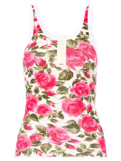 Chloé Cotton Henley Tank Top With All-over Floral Pattern In Multi