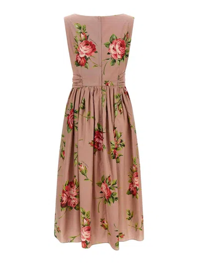 Dolce & Gabbana Abito Midi In Cotone Rosa Con Stampa Fiori Dolce E Gabbana In Brown