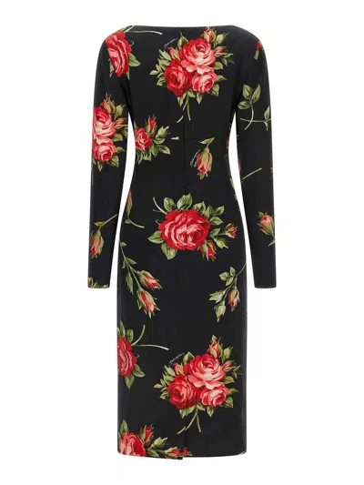Dolce & Gabbana Rose-print Satin Long-sleeve Midi Dress In Black
