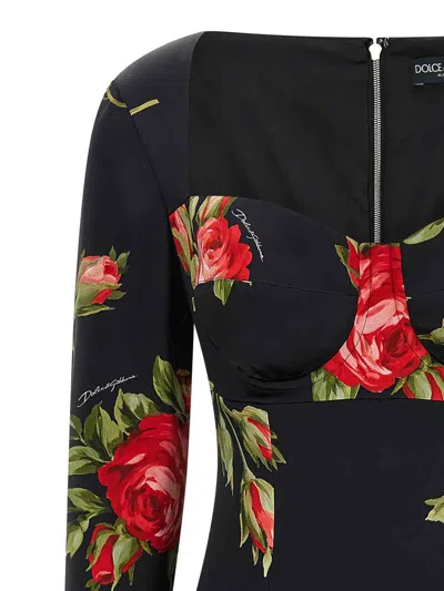 Dolce & Gabbana Rose-print Satin Long-sleeve Midi Dress In Black