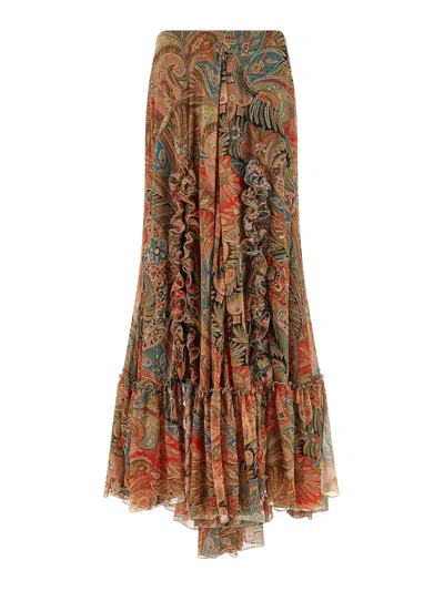 Etro Paisley Print Ruffle Silk Chiffon Maxi Skirt In Multi