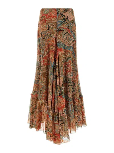 Etro Paisley Print Ruffle Silk Chiffon Maxi Skirt In Multi