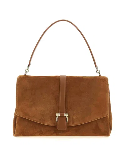 Ferragamo Suede With Gancini Hardware Shoulder Bag In Brown