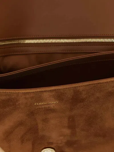 Ferragamo Suede With Gancini Hardware Shoulder Bag In Brown