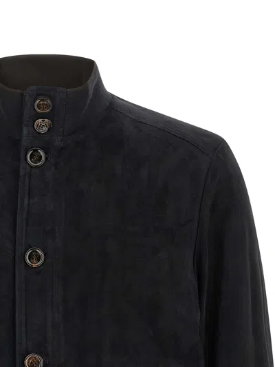 Moorer Blue Solid Mandarin Collar Jacket In Blue