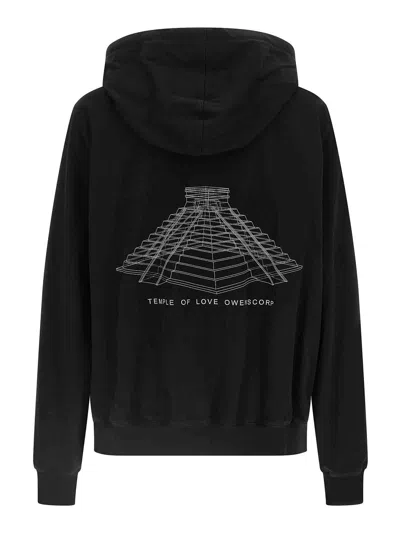 Rick Owens Hooded Sweatshirt Print Oversized Ribbed Cuffs In Black