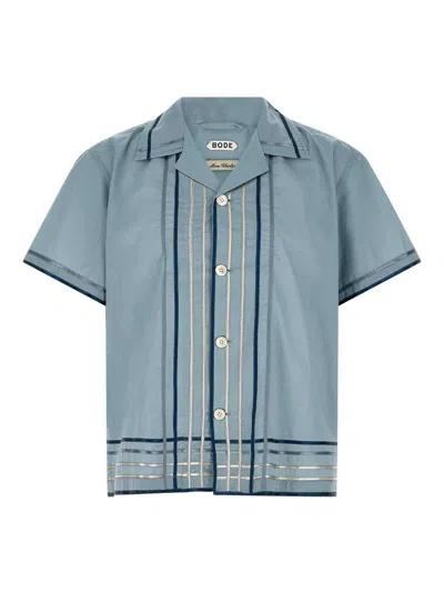 Bode Striped Cotton Bowling Shirt With Cuban Collar And Short Sleeves In Blue