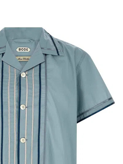 Bode Striped Cotton Bowling Shirt With Cuban Collar And Short Sleeves In Blue