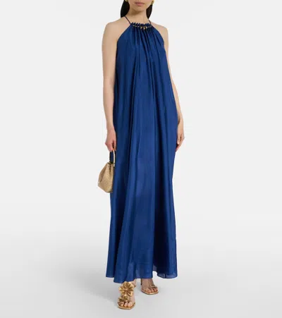 Zimmermann Aster Gathered Beaded Silk-satin Maxi Dress In Blue
