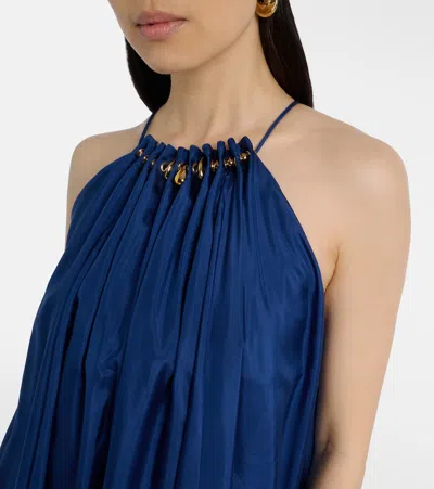 Zimmermann Aster Gathered Beaded Silk-satin Maxi Dress In Blue