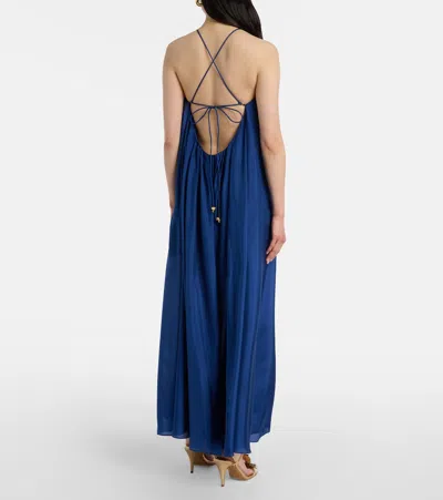 Zimmermann Aster Gathered Beaded Silk-satin Maxi Dress In Blue