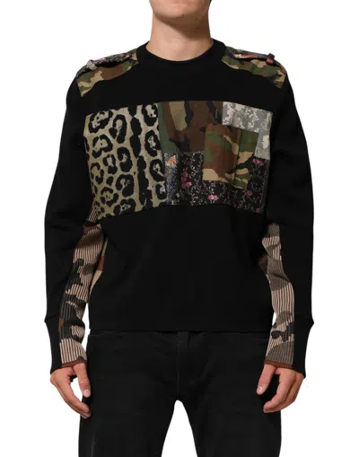 Dolce & Gabbana Black Patchwork Crew Neck Pullover Sweater In Black