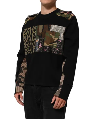 Dolce & Gabbana Black Patchwork Crew Neck Pullover Sweater In Black